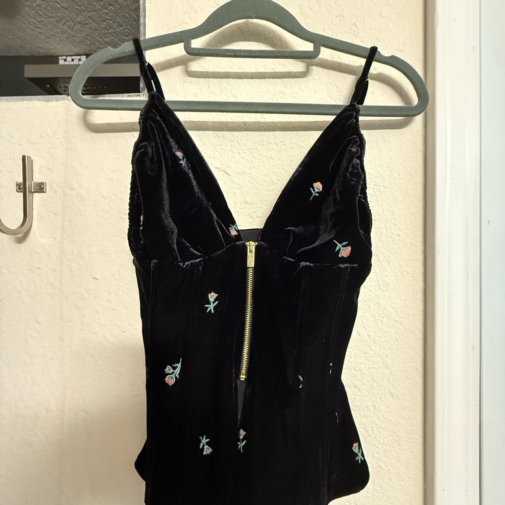 WeWoreWhat Black Velvet Embroidered Peplum Top